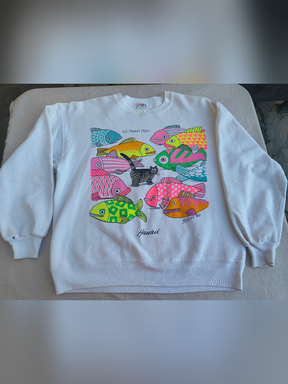 Vtg Double Sided Sweater Crazy Shirt Hawaii Men's L So Many Fish, So Little Time